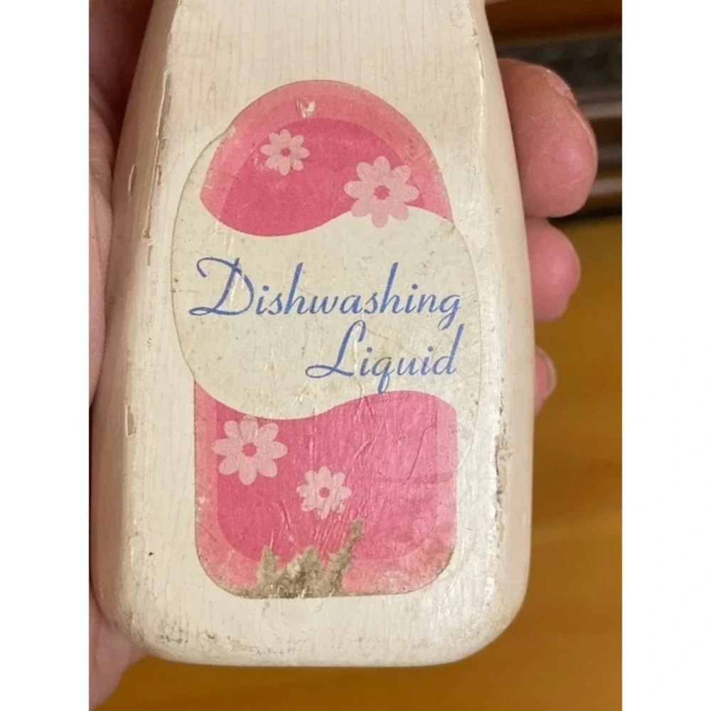 Vintage Wooden Play Food Dish Soap Bottle Pink Floral Label Kitchen Toy 5 Inch